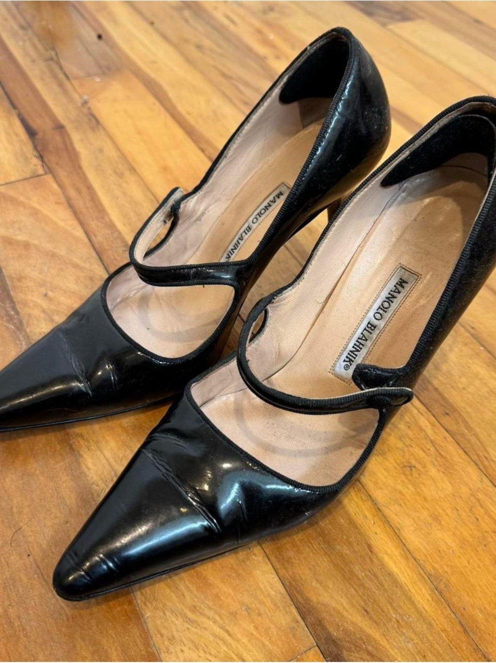 Manolo Blahnik Black Patent Mary Jane Pointed Pumps with Strap